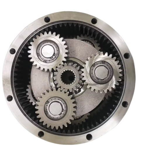 reductora planetaria de gran escala (Mill Drive Gear Unit), industrial, en entorno de planta manufacturera.