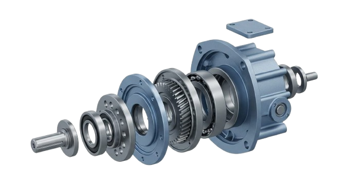 Despiece de reductor industrial mostrando ejes, engranajes y componentes que pueden requerir mecanizado para compatibilidad