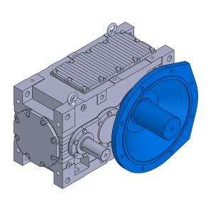 Modelo CAD de reductor de eje paralelo con brida, selección según relación de reducción, torque y montaje