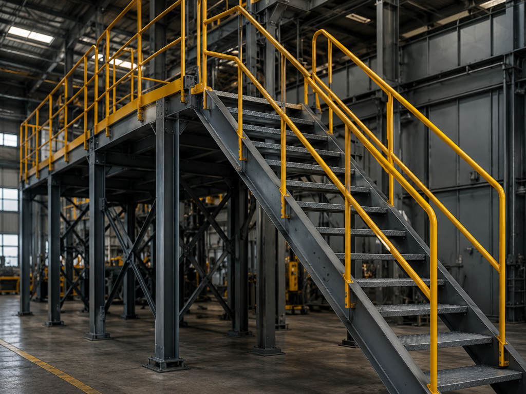 Escaleras y pasarelas metálicas industriales para circulación segura en planta