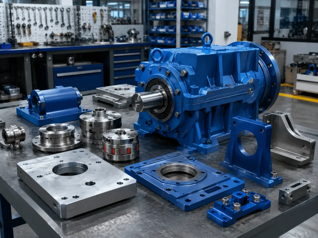 Reductor industrial con componentes mecanizados, bases y adaptaciones para montaje