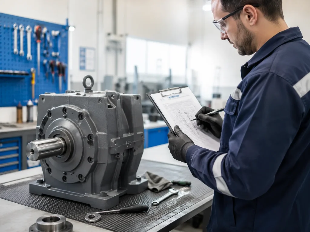 Diagnóstico técnico de reductor industrial en taller para evaluar fallas y condición del equipo