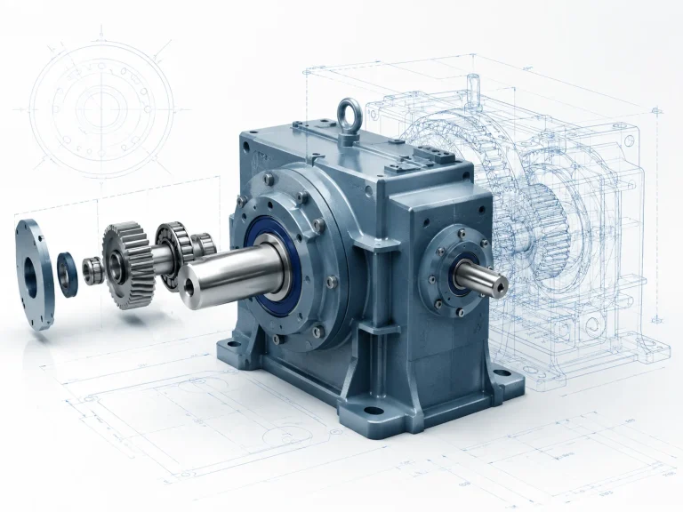 Reductor industrial con vista de ingeniería y despiece de componentes para selección y adaptación