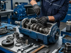 Mantenimiento preventivo de reductor industrial con revisión de engranajes y componentes internos