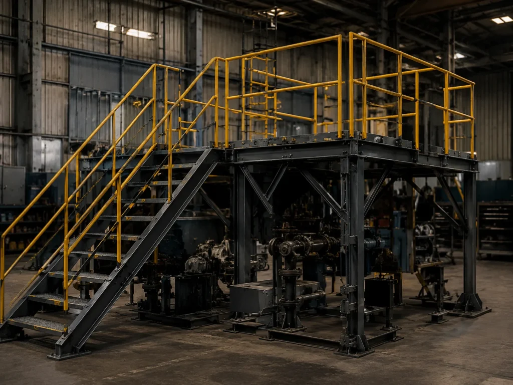 Plataforma industrial con escalera y estructura metálica para mantenimiento en planta