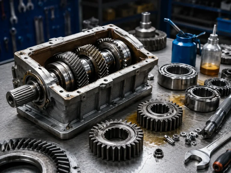 Reductor industrial abierto con engranajes, rodamientos y componentes para reparación