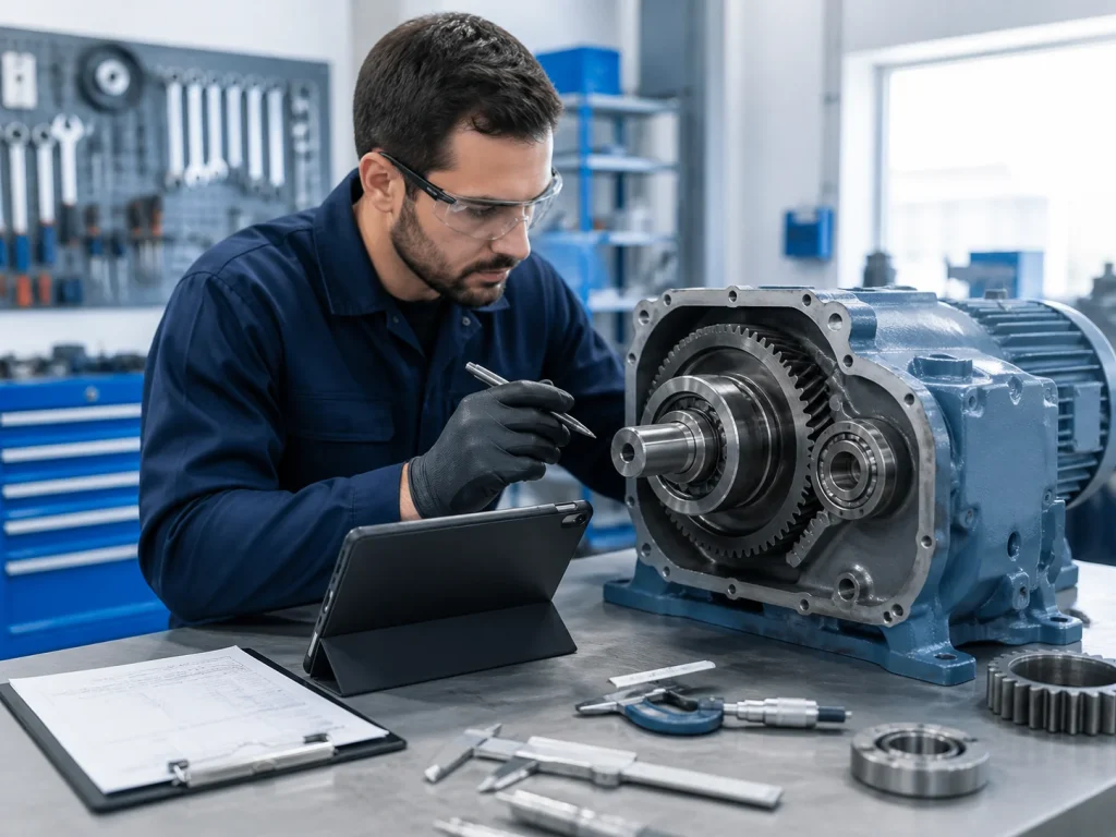 Reparación de reductor industrial en taller con inspección de componentes y engranajes