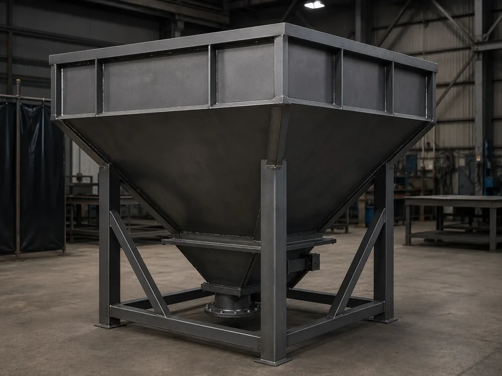 Tolva metálica industrial fabricada a medida para manejo y descarga de material
