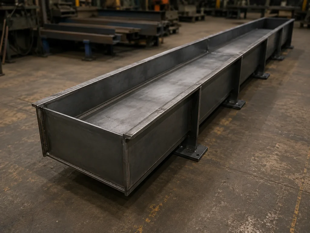 Canaleta metálica industrial para guiar, contener o transportar material dentro de procesos productivos