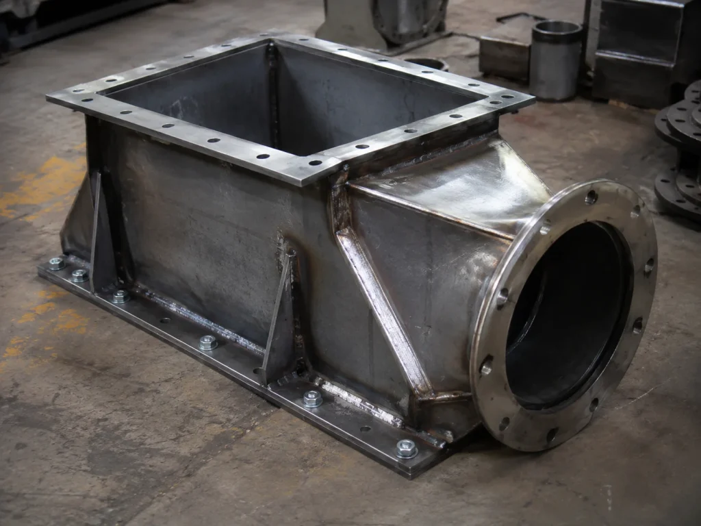 Adaptación metálica industrial fabricada para modificar o conectar componentes existentes.