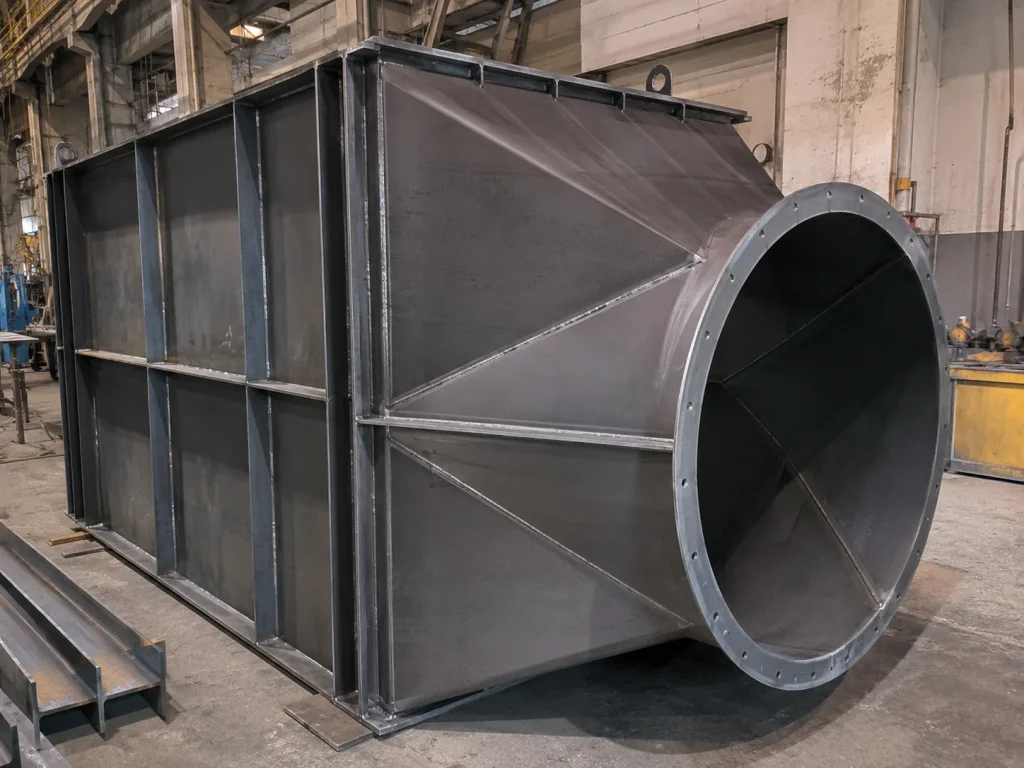 Componente de calderería industrial fabricado en acero para uso en planta.