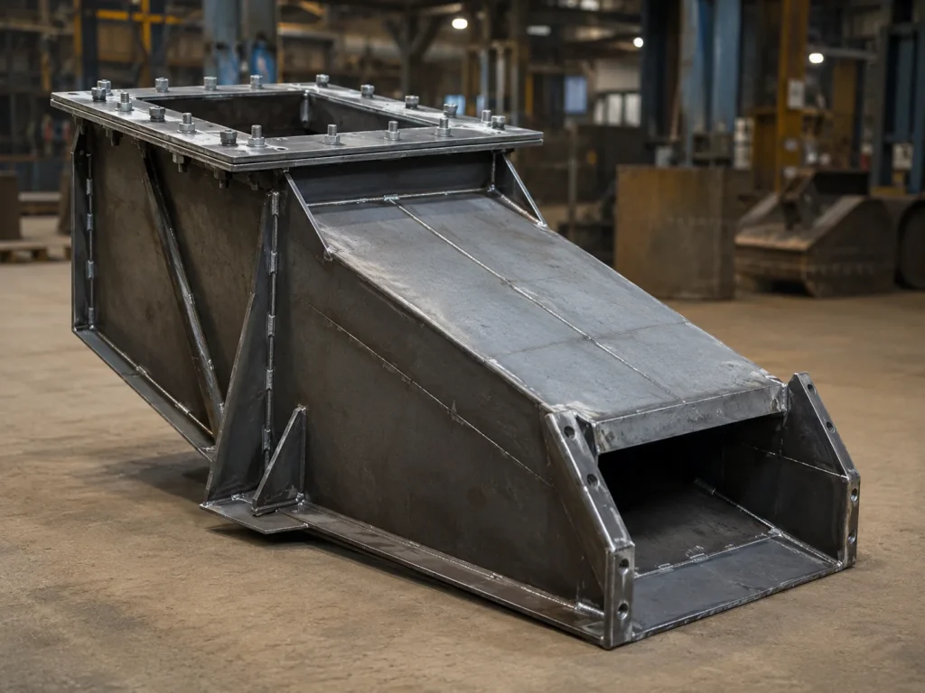 Chute industrial metálico fabricado para descarga, transferencia y conducción de material en planta
