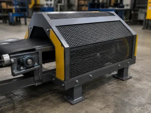 Protecciones metálicas para correas transportadoras, poleas y sistemas de transmisión en plantas industriales.