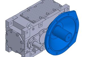 Modelo CAD de reductor de eje paralelo con brida, selección según relación de reducción, torque y montaje