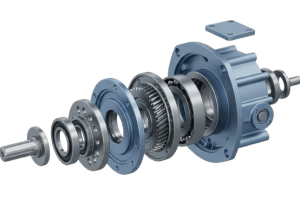Despiece de reductor industrial mostrando ejes, engranajes y componentes que pueden requerir mecanizado para compatibilidad